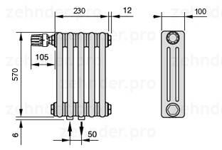Схема (чертеж) Радиатор Zehnder Charleston 3057/5 №V007 Белый глянцевый RAL 9016